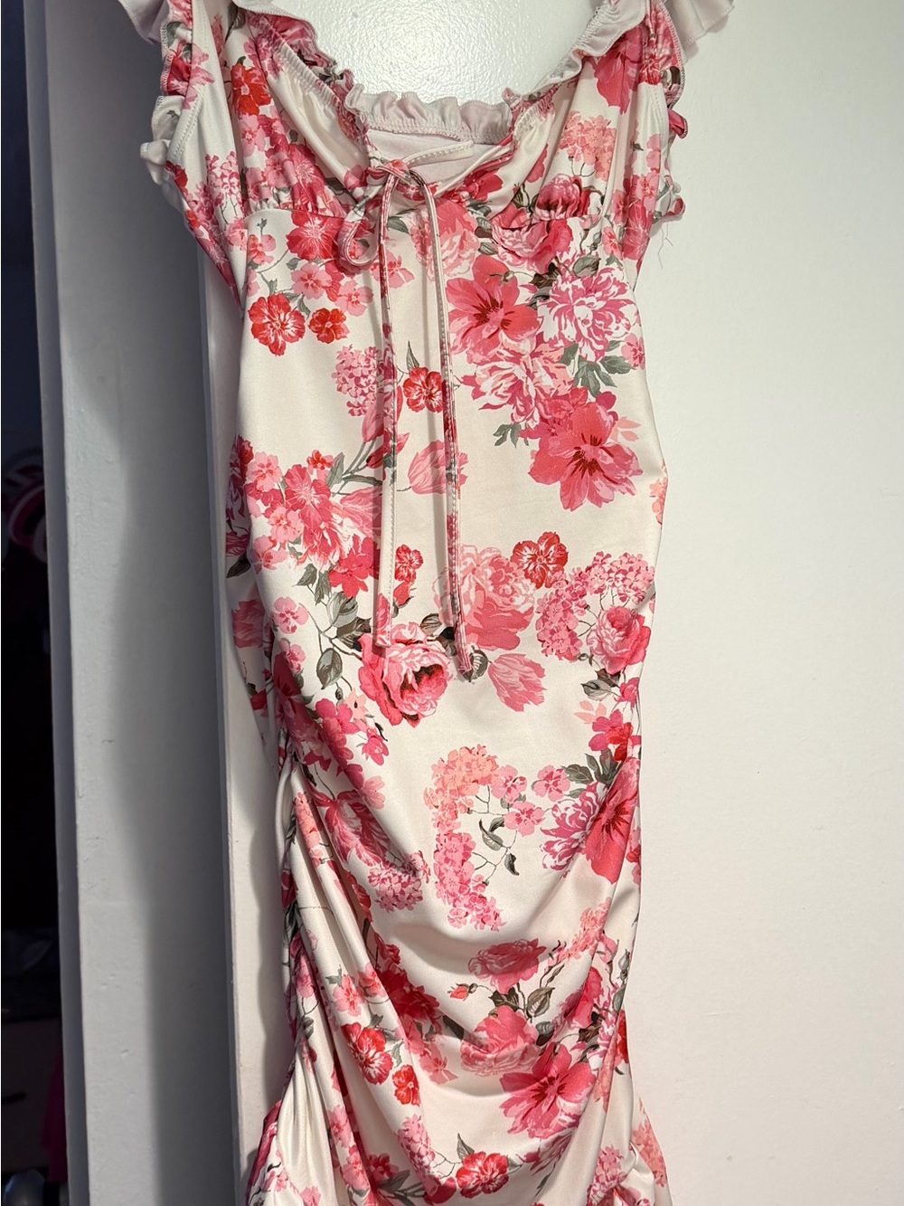 SHEIN floral print knot front ruffle trim ruched ruffle hem bodycon dress-xs